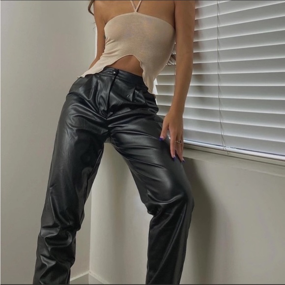 Princess Polly Love Club Black Faux Vegan Leather Straight Pants Pleated Waist - Picture 3 of 16